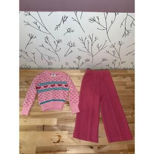 Vintage Aileen Toddler Pink Heart Fair Isle Knit Sweater & Wide Leg Pants Set 4T